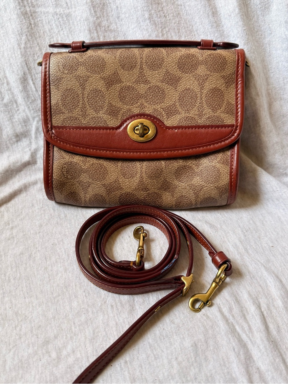 Coach Tan Signature Canvas Crossbody with Brown Leather Trim